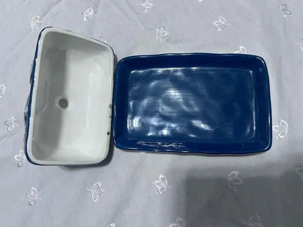 Navy Coastal Ceramic Butter Dish Seashell Starfish Embossed Detail